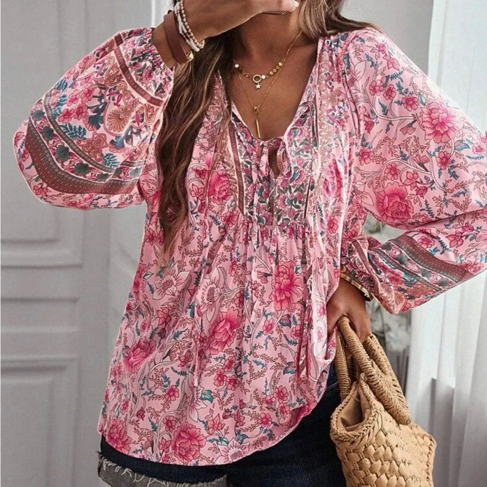 Boho Pink Floral Blouse - Picture 5 of 12